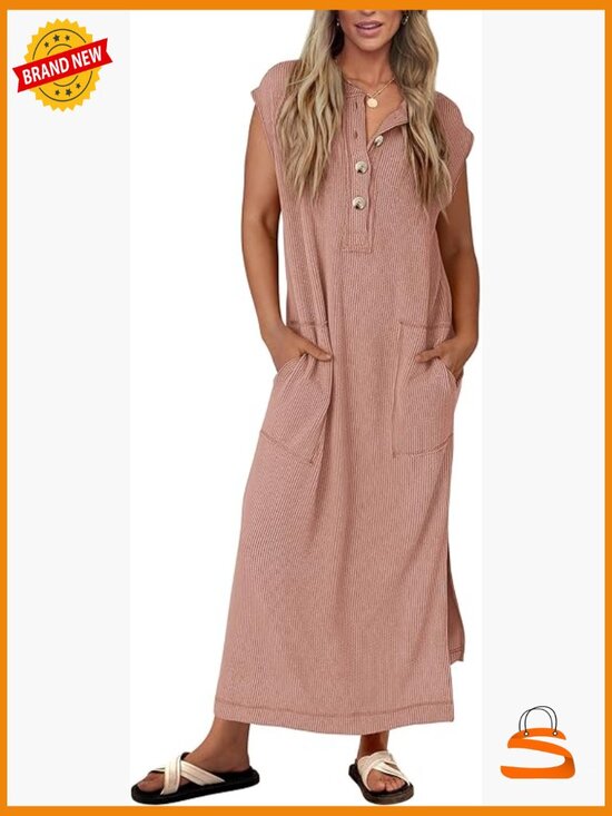 Dresses & Skirts - Ribbed Knit Henley Maxi Dress with Pockets Summer Dress